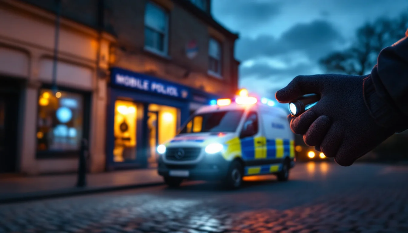 Mobile patrol van with blue lights outside a Trowbridge shop as an officer holds keys Mobile patrol van with blue lights outside a Trowbridge shop as an officer holds keys