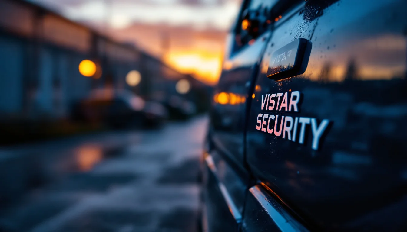 Vistar Security patrol vehicle on a Trowbridge street at sunset