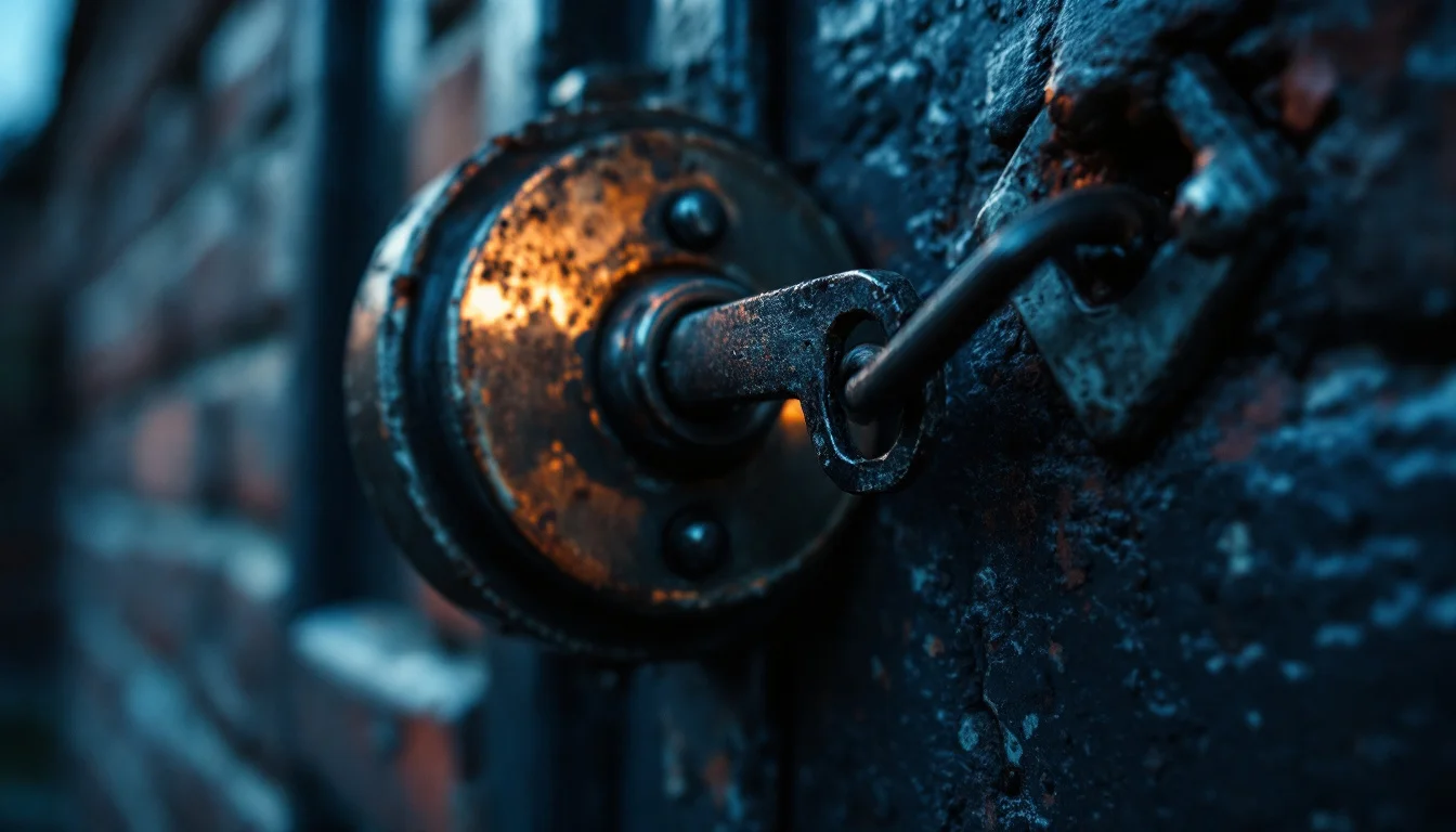 Security officer turning a key in a heavy lock on a business door at night