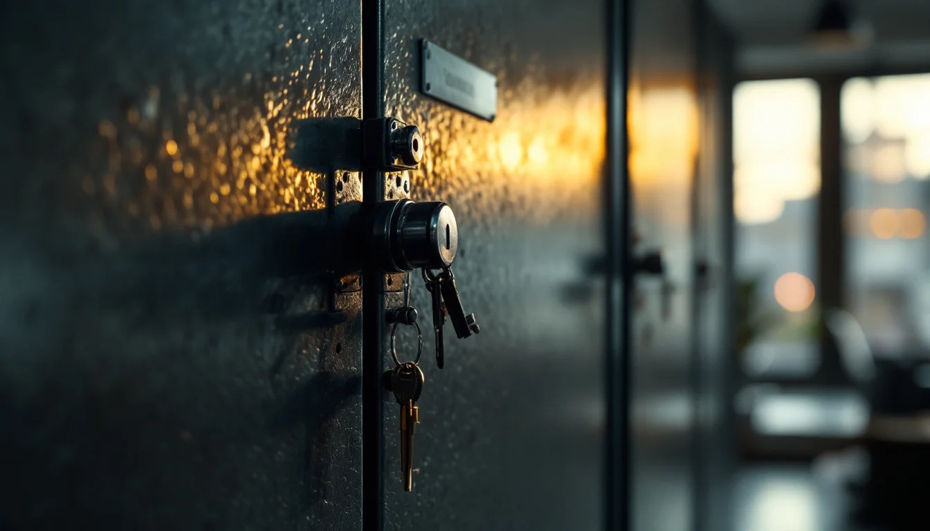 Keys hanging in a locked commercial door at night, showing why key holding matters Keys hanging in a locked commercial door at night, showing why key holding matters