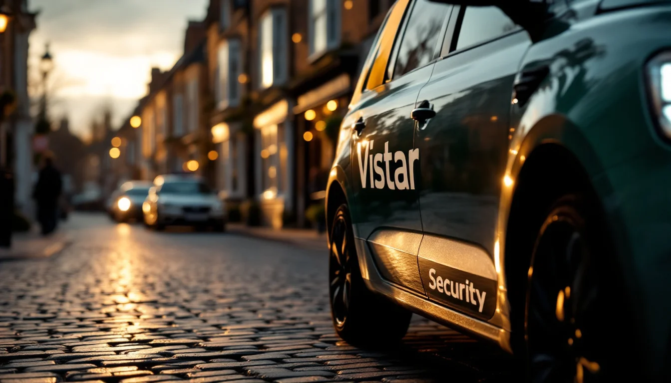 Vistar Security patrol car parked on a cobbled Trowbridge high street at dusk